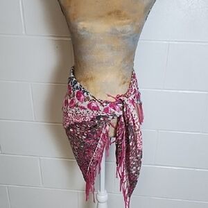Scarf Wrap Rose Print Fringed Fuchia, Pink, Dark Grey, Green